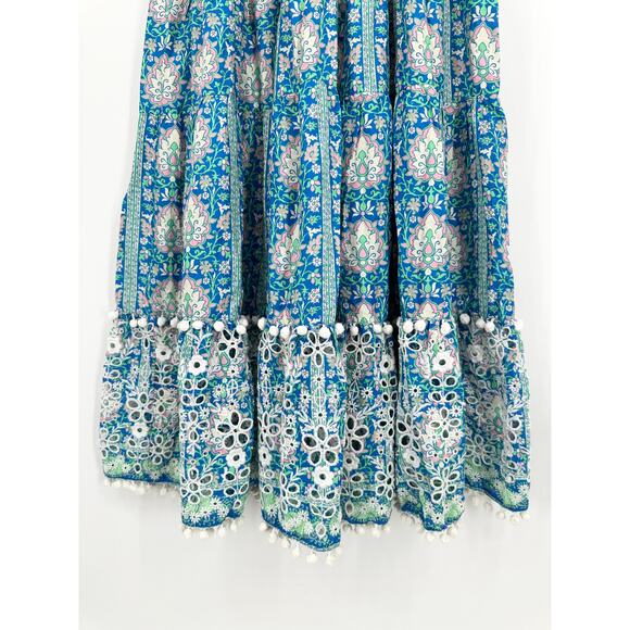 ZARA Long Printed Dress Floral Embroidered Square Neck Smocked Ruffle Maxi, Blue - Picture 11 of 16